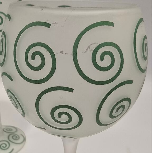 Set of 3 Green Swirl Frosted Wine Glasses with Shelf wear and Flaws See Pics - Picture 2 of 8